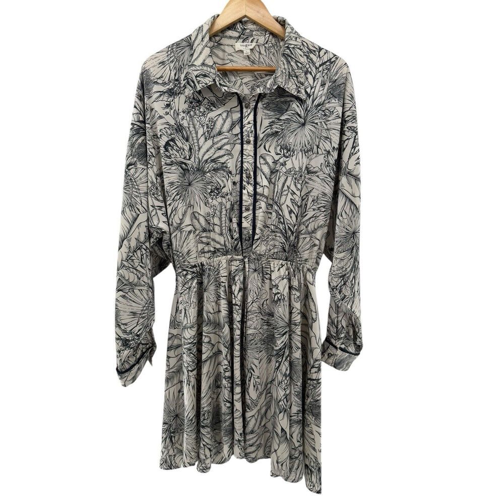 Umgee Womens Large Mini Dress Long Sleeve Tropical Print Silky Tie Waist Buttons
